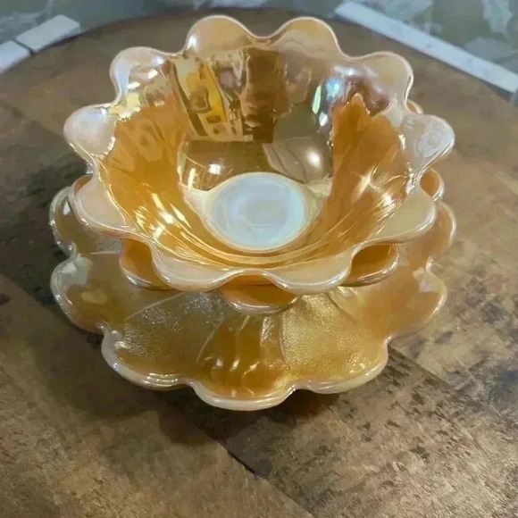 Vintage TWO (2) MCM Fire King Peach Lustre Lotus Flower Bowl And Underplate Set - Picture 2 of 8